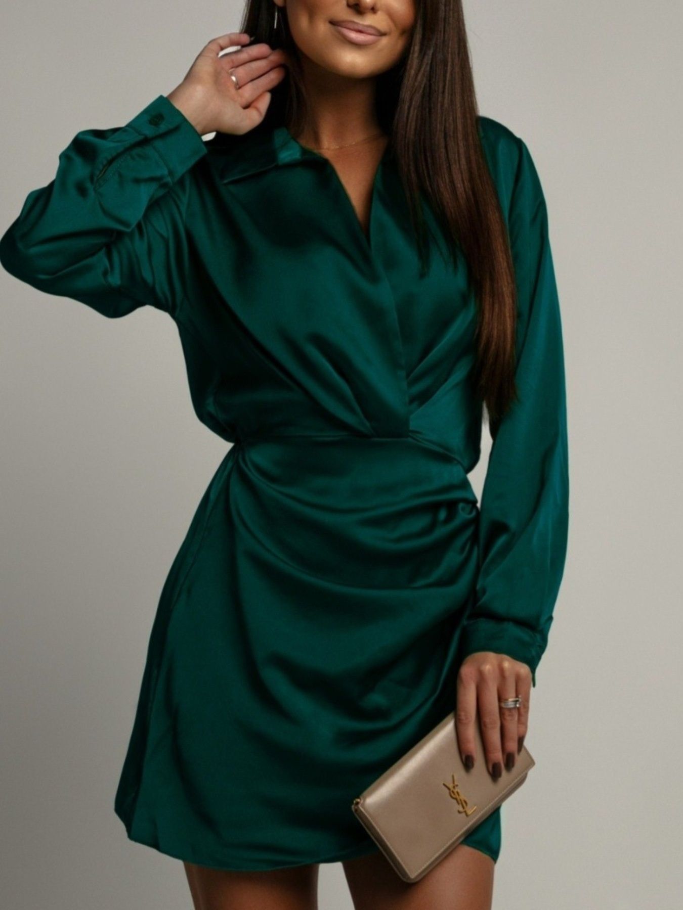 Hazel Blues® |  Collared Neck Long Sleeve Satin Dress