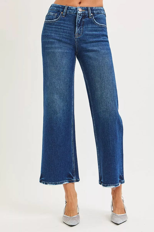 Hazel Blues® |  RISEN Tummy Control 4 Way Stretch High Rise Crop Wide Leg Jeans
