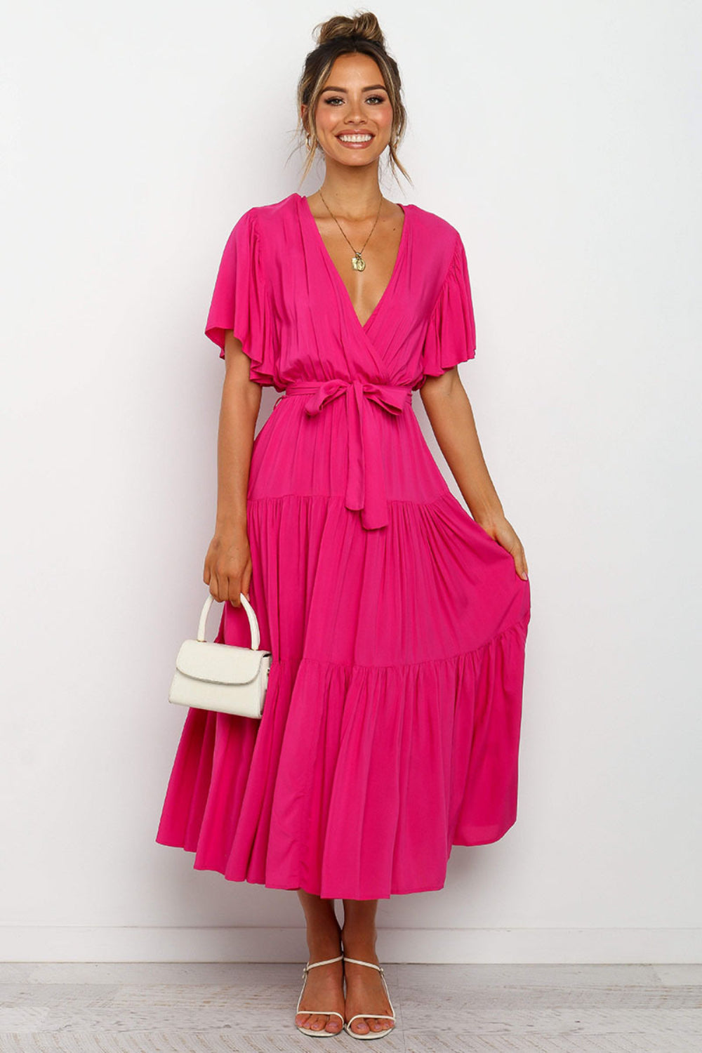 Hazel Blues® |  Tied Tiered Short Sleeve Midi Dress