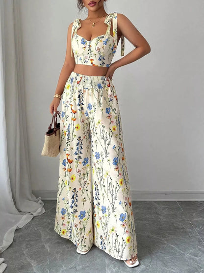 Hazel Blues® |  Floral Print Tie-Shoulder Crop Top & Wide Leg Pants Set