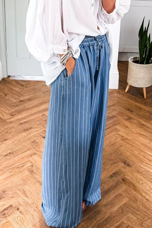 Hazel Blues® |  Stripe Chambray Wide Leg Tied Elastic Waist Jeans
