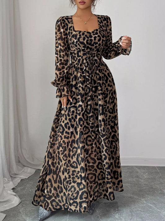 Hazel Blues® |  Leopard Sweetheart Neck Flounce Sleeve Maxi Dress