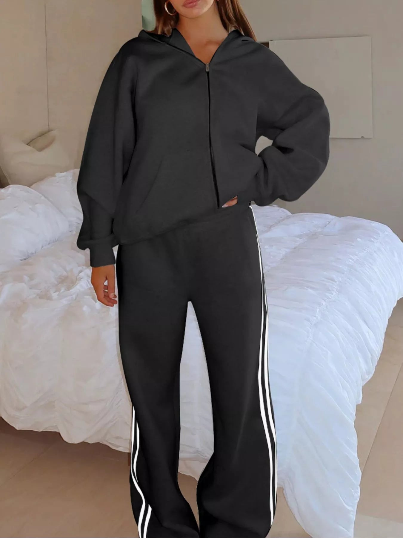 Hazel Blues® |  Zip Up Hoodie and Striped Pants Set