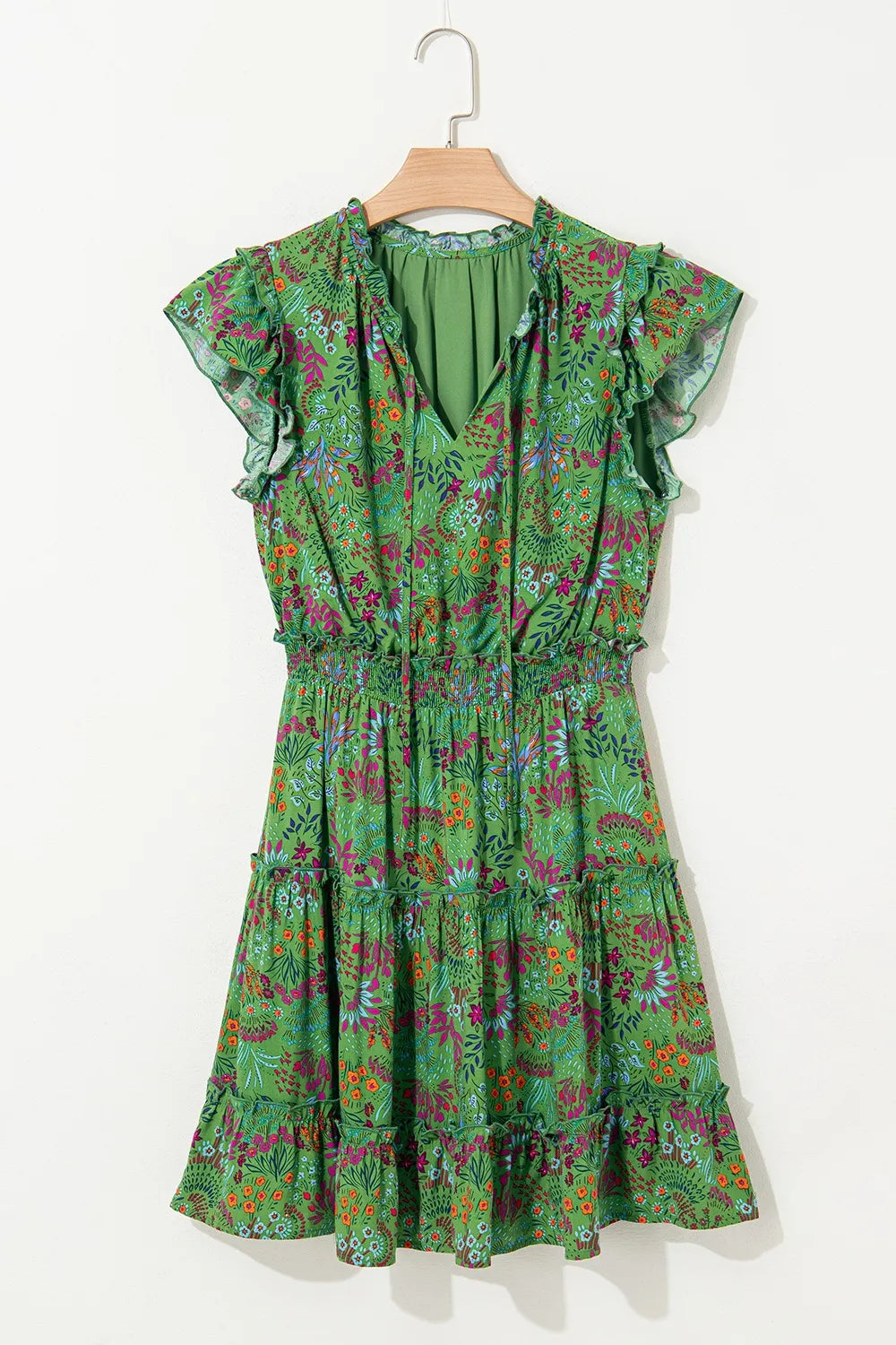 Hazel Blues® |  Floral Tie Split Neck Frilly Ruffle Trim Tiered Short Dress