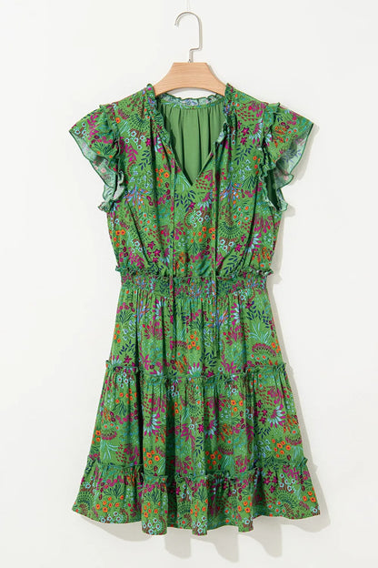 Hazel Blues® |  Floral Tie Split Neck Frilly Ruffle Trim Tiered Short Dress