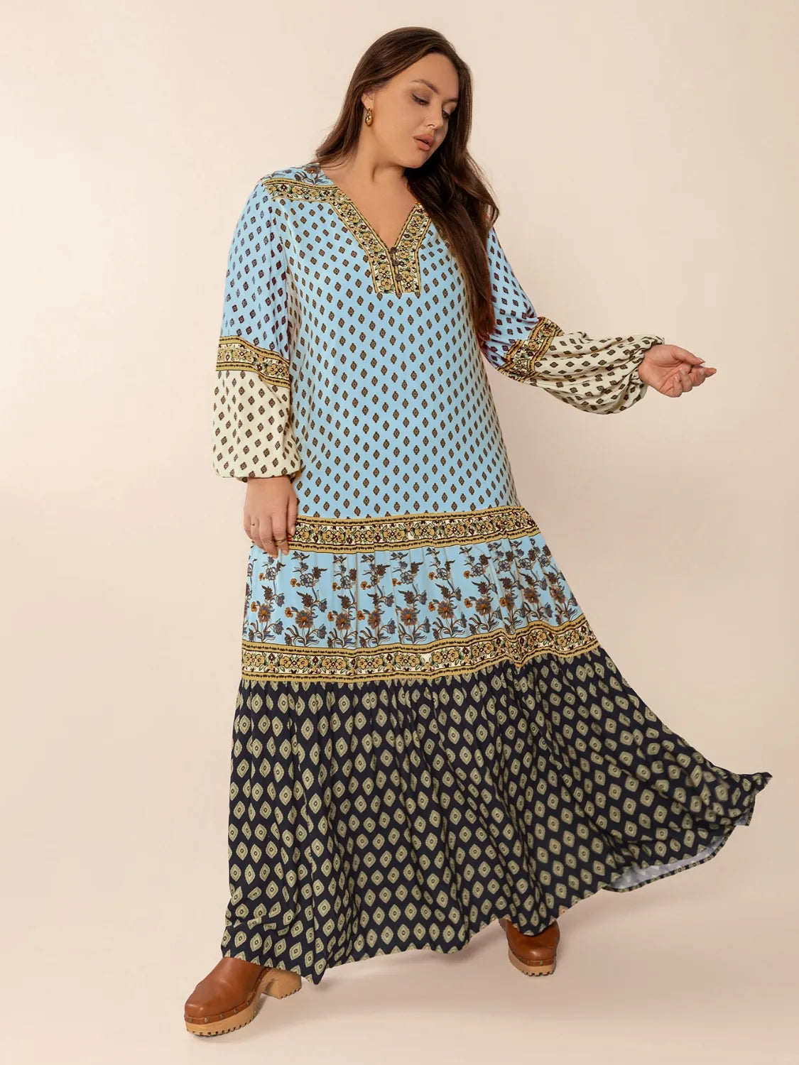 Hazel Blues® | Printed V-Neck Balloon Sleeve Maxi Dress