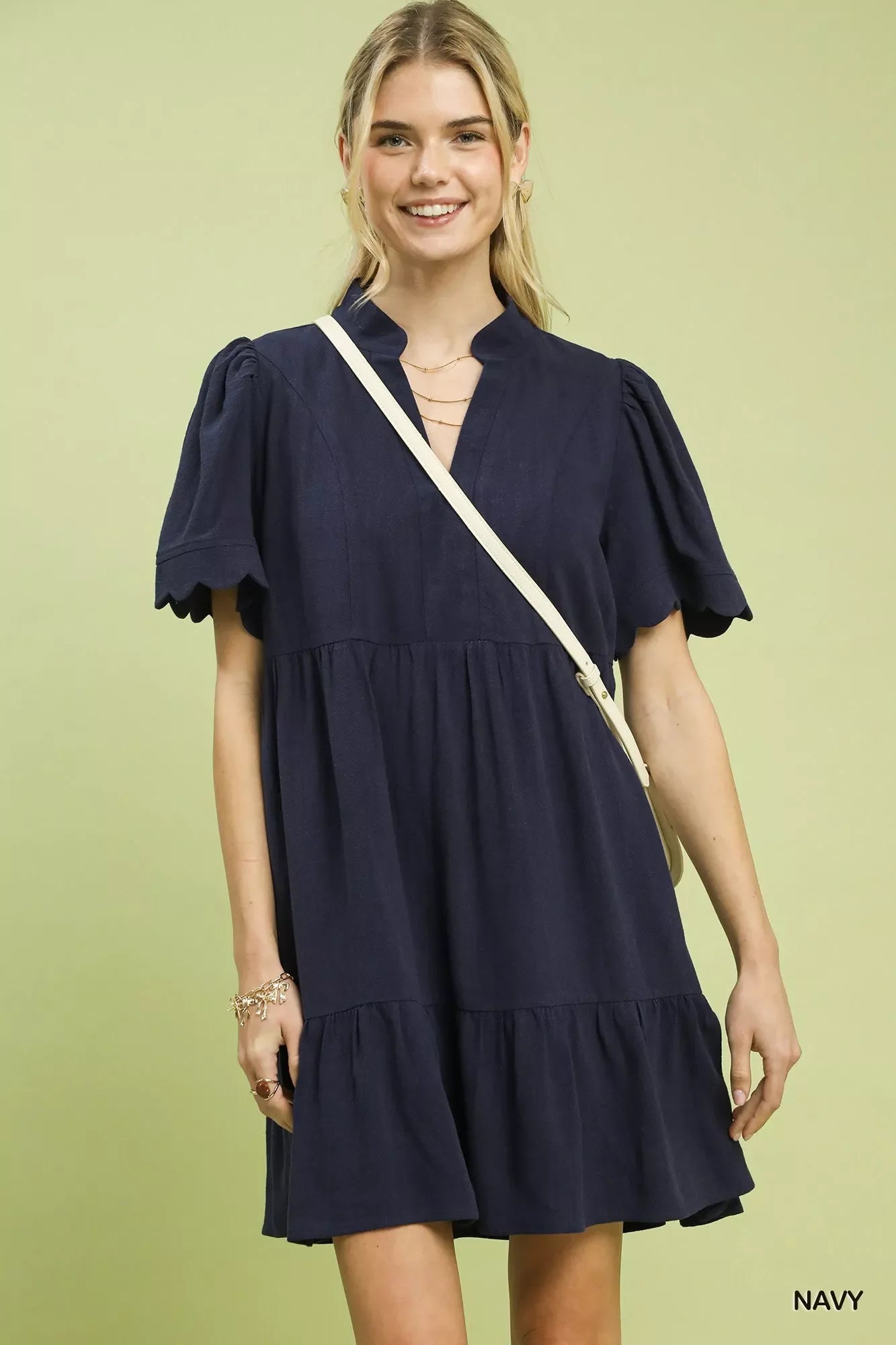 Hazel Blues® |  Umgee Linen Tiered Babydoll Dress with Scalloped Sleeves