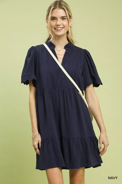 Hazel Blues® |  Umgee Linen Tiered Babydoll Dress with Scalloped Sleeves