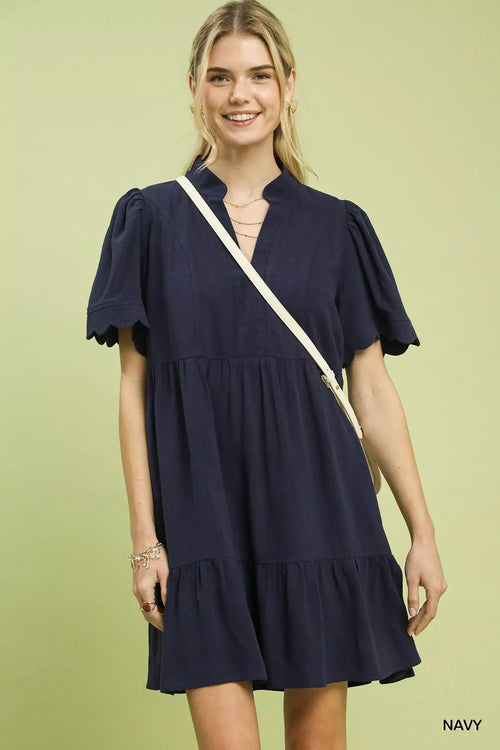 Hazel Blues® |  Umgee Linen Tiered Babydoll Dress with Scalloped Sleeves