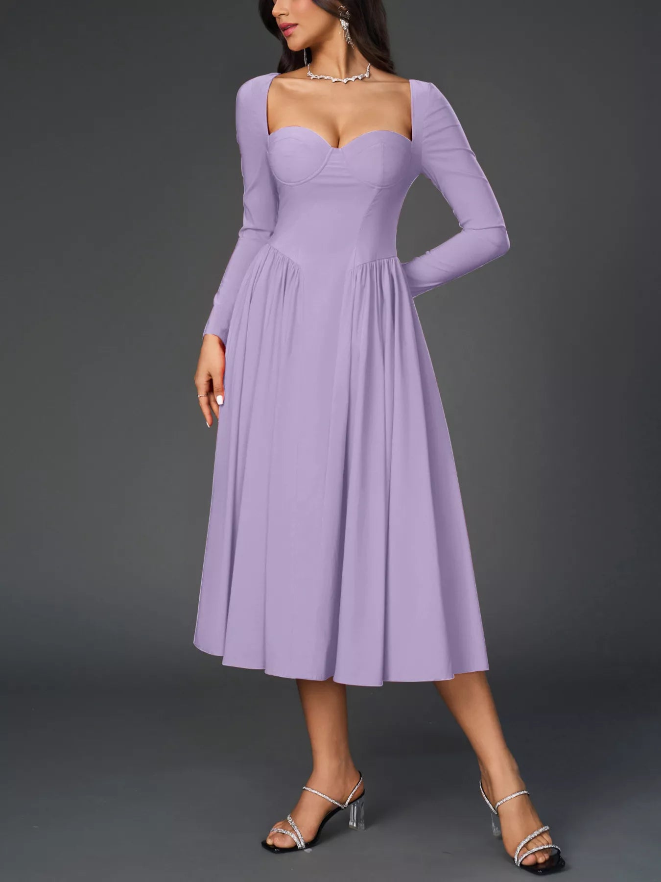 Hazel Blues® |  Sweetheart Neckline Long Sleeve A-Line Midi Dress