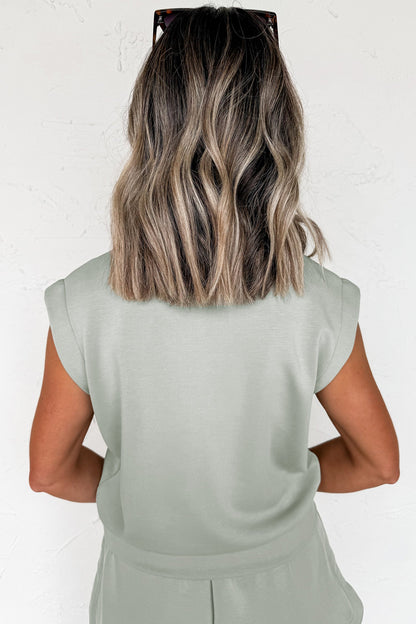 Hazel Blues® |  Smoke Green Quarter Zip Sleeveless Top Drawstring Shorts Casual 2pcs Outfit