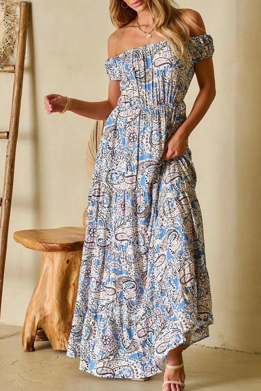 Hazel Blues® |  Boho Paisley Print Off Shoulder Maxi Dress
