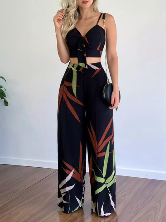 Hazel Blues® |  Tropical Print Spaghetti Strap Crop Top and Wide Leg Pants Set