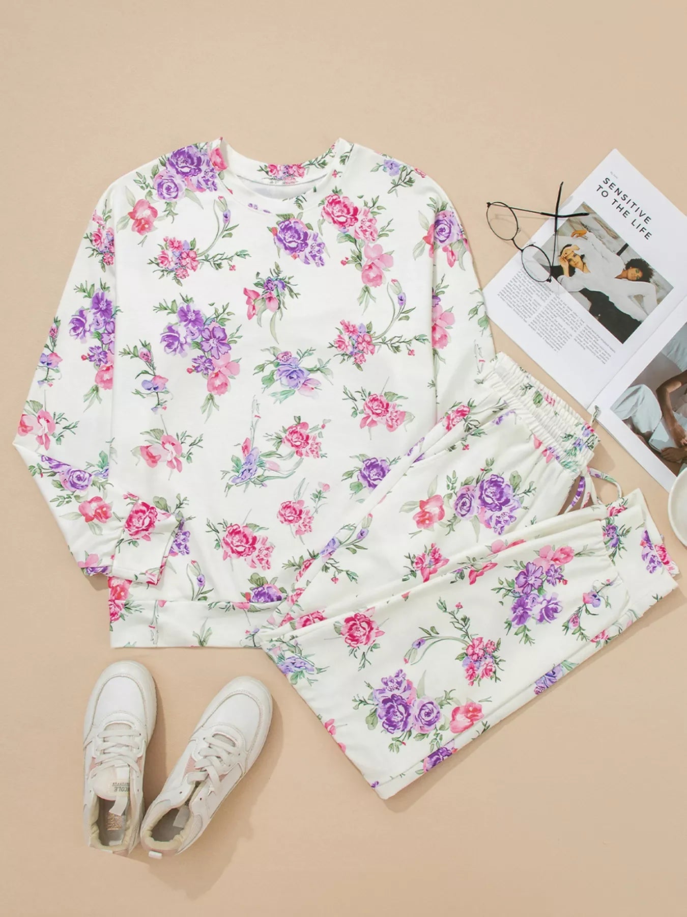 Hazel Blues® |  Floral Print Round Neck Top and Drawstring Pants Lounge Set