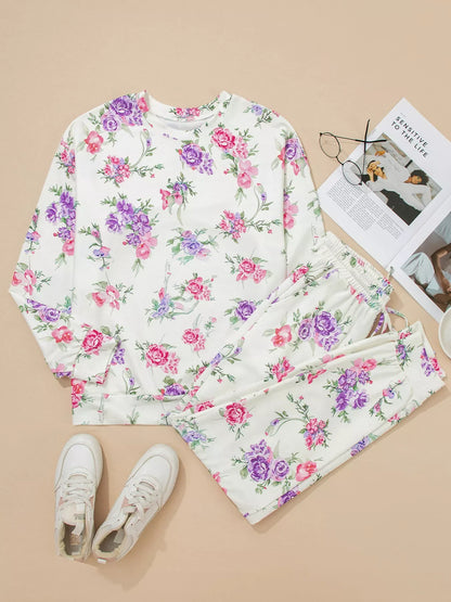 Hazel Blues® |  Floral Print Round Neck Top and Drawstring Pants Lounge Set