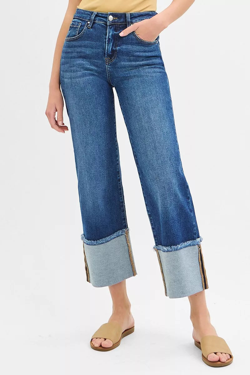 Hazel Blues® | RISEN Mid Rise Crop Wide Wide Cuffed Jeans