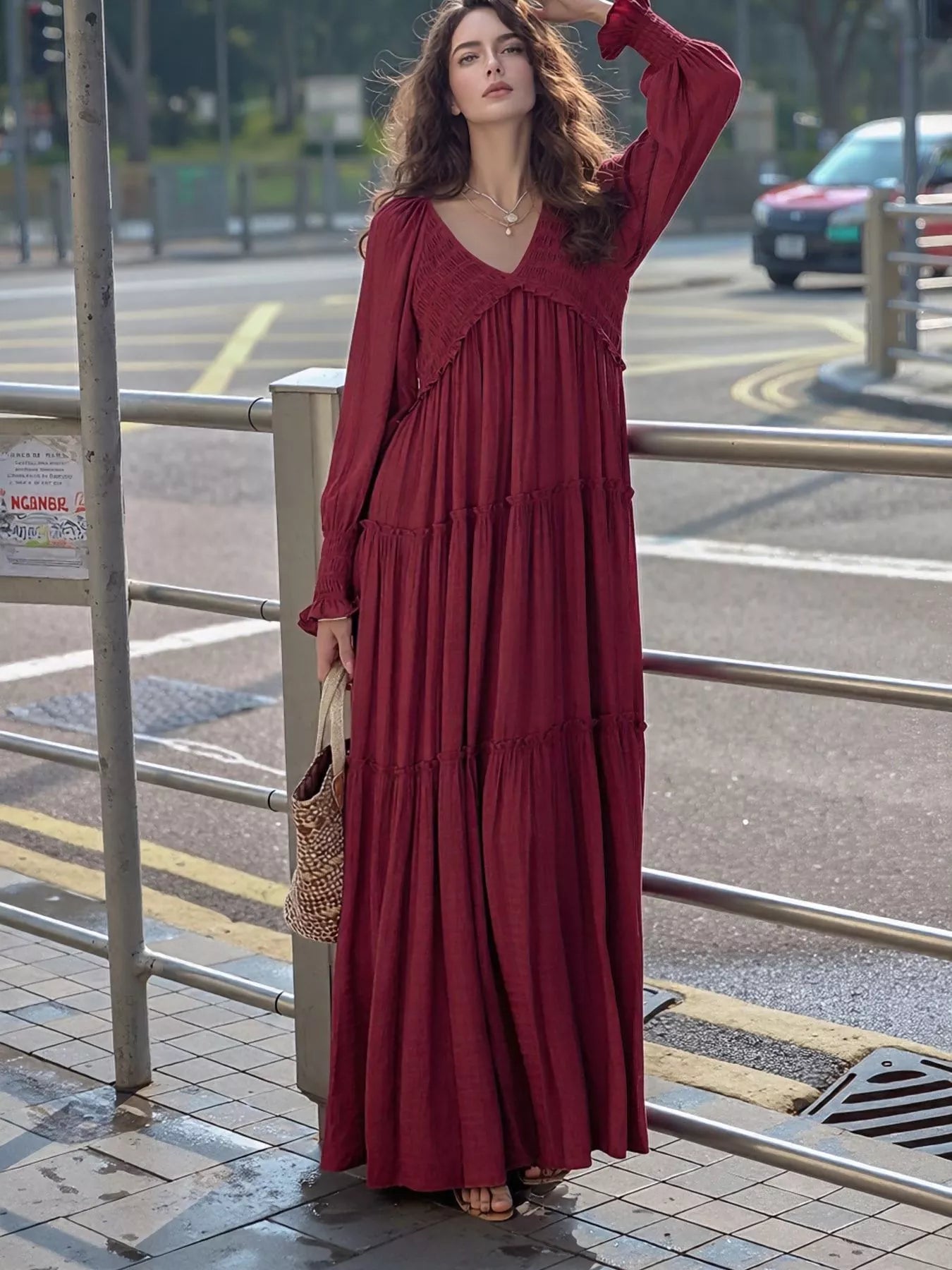 Hazel Blues® |  V-Neck Long Sleeve Tiered Maxi Dress