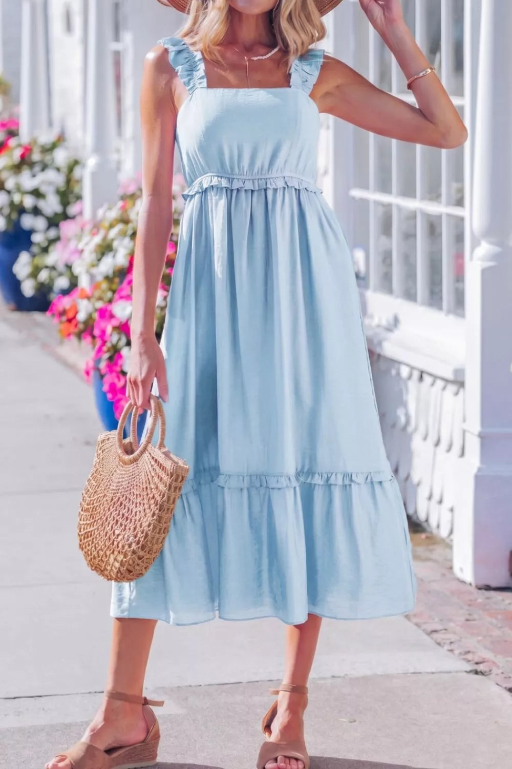 Hazel Blues® |  Solid Color Ruffle Trim High Waist Sleeveless Dress