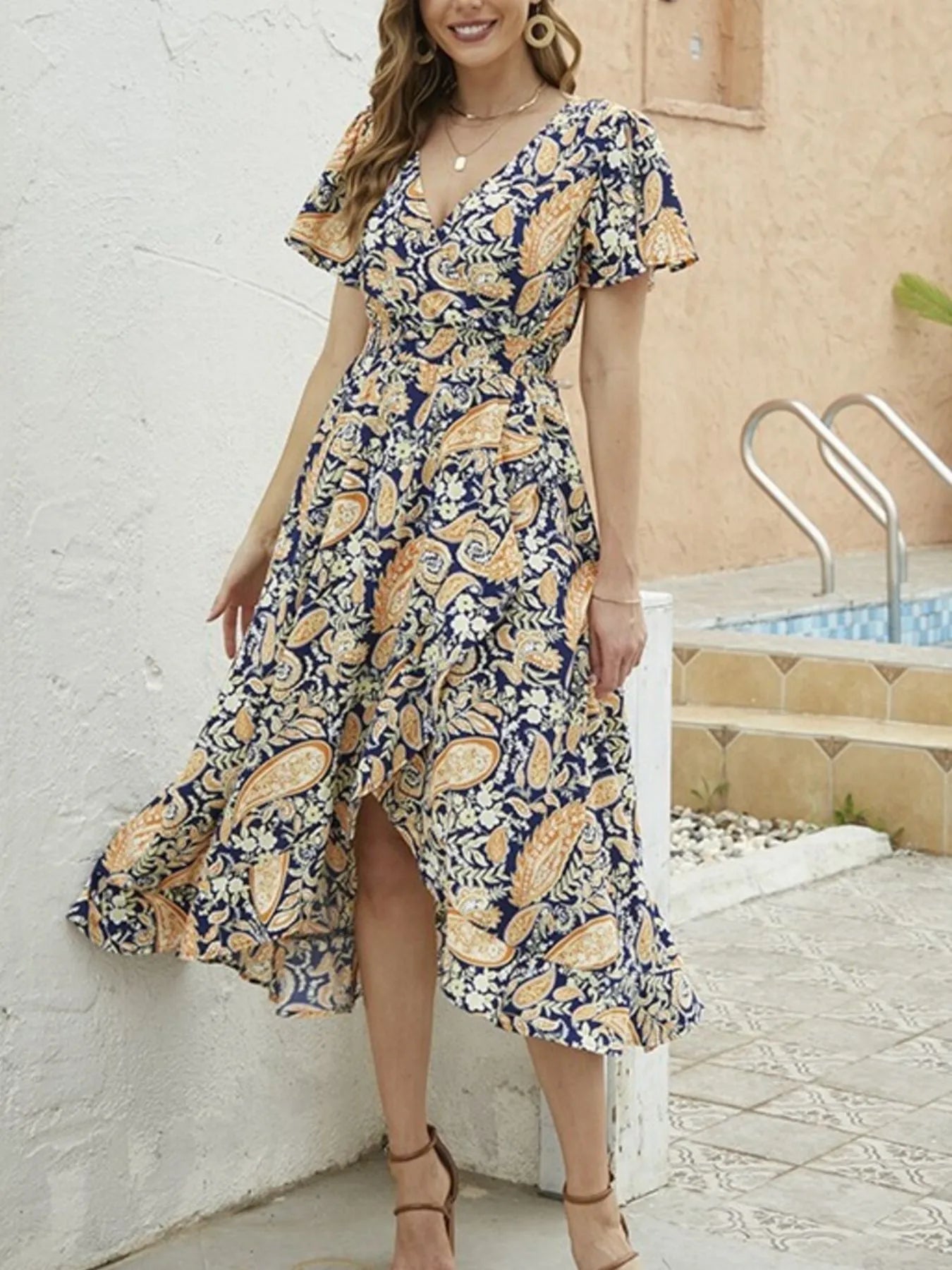 Hazel Blues® |  Floral Print Short Sleeve Wrap Midi Dress