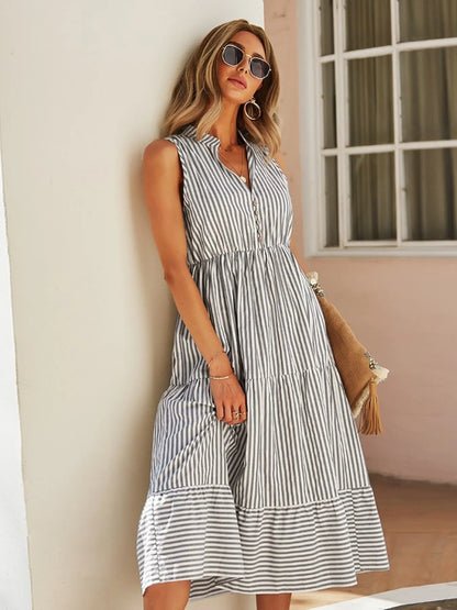Hazel Blues® |  Striped Sleeveless Tiered Midi Dress