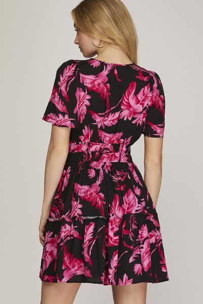 Hazel Blues® | She + Sky Printed Notched Short Sleeve Frill Tiered Dress