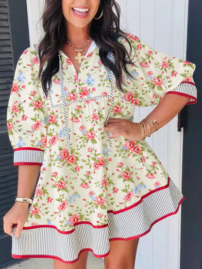 Hazel Blues® |  Striped Edge 3/4 Puff Sleeve Floral Dress