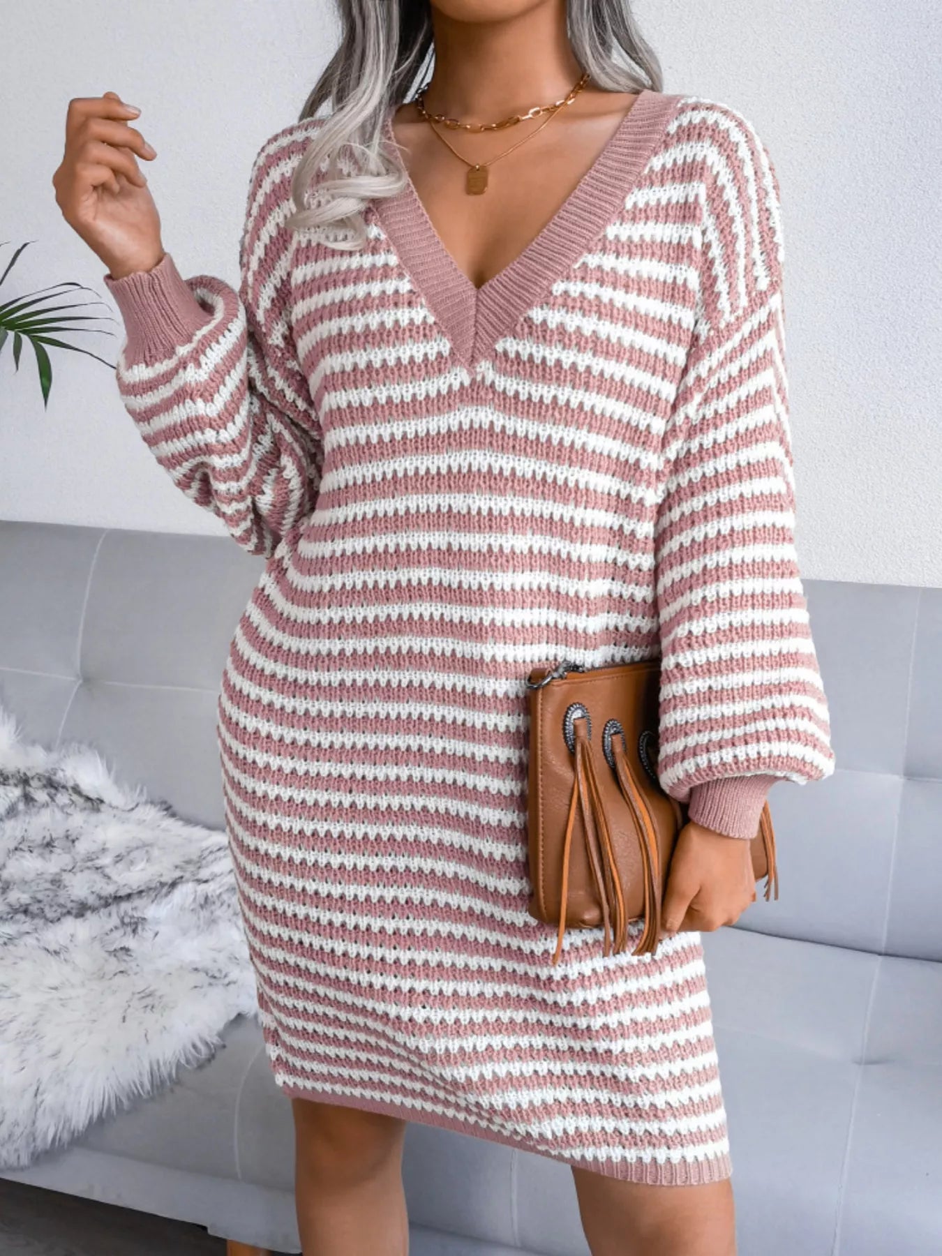 Hazel Blues® |  Striped V-Neck Long Sleeve Sweater Dress