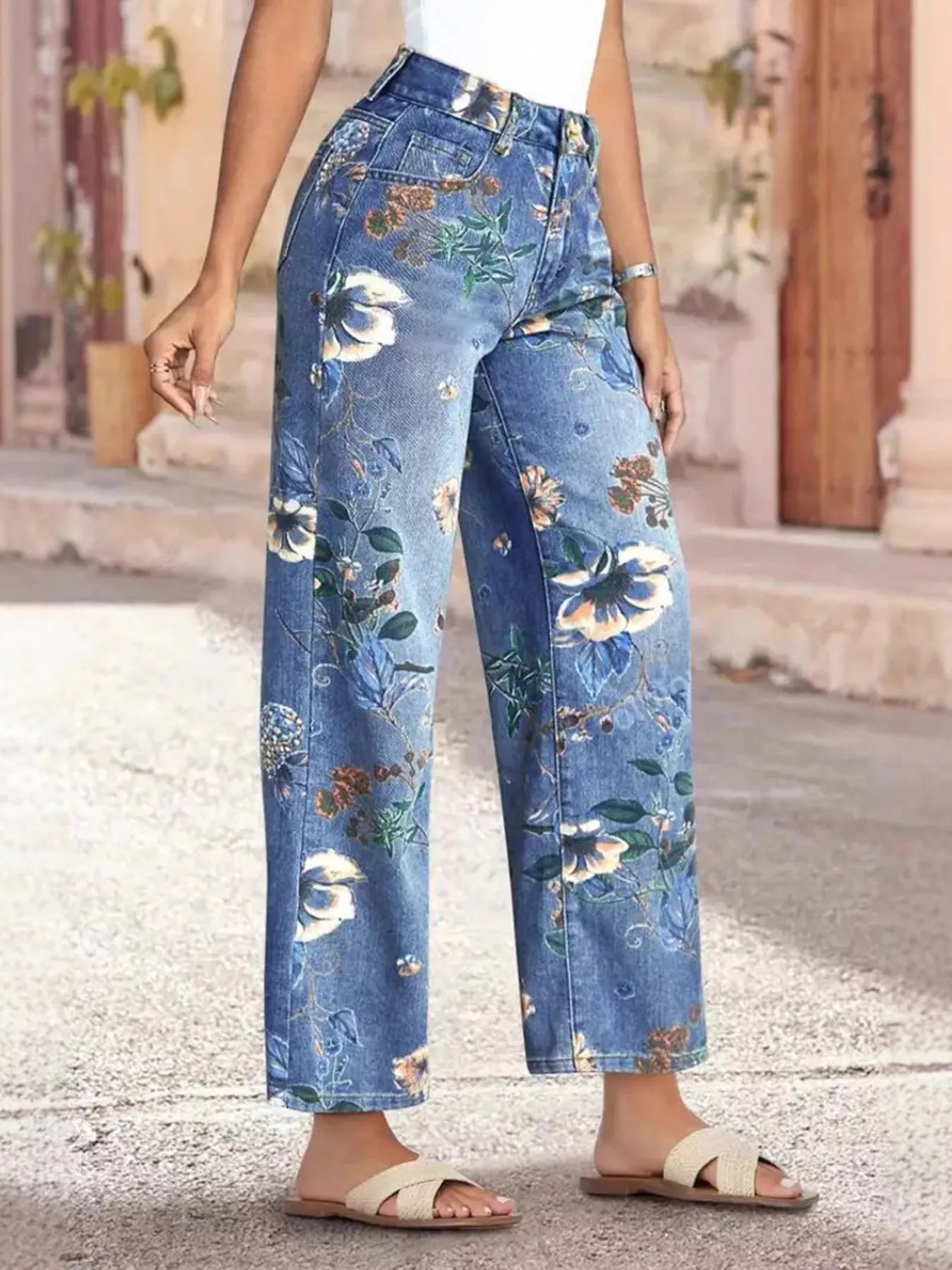 Hazel Blues® |  Floral Print Wide Leg Jeans