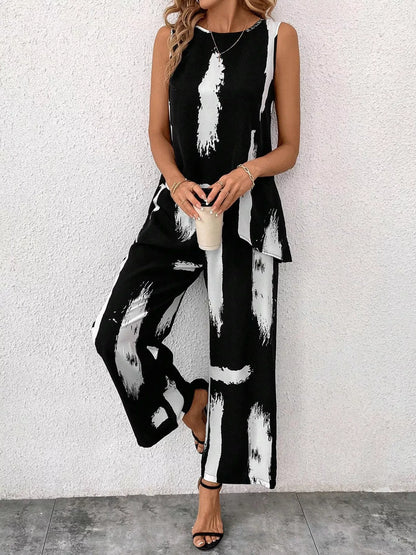 Hazel Blues® |  Abstract Print Sleeveless Top & Wide Leg Pants Set