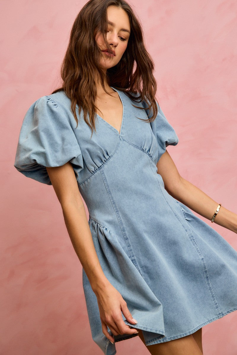 Hazel Blues® |  SO ME Bubble Sleeves Denim Fit And Flare Mini Dress