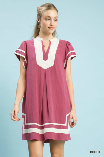Hazel Blues® |  Umgee Linen Contrast Trim Short Sleeve Dress