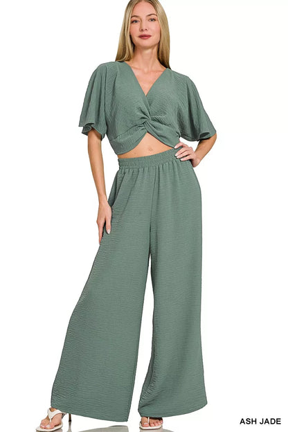 Hazel Blues® |  Zenana Woven Airflow Twisted Top & Wide Leg Pants Set