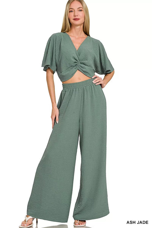 Hazel Blues® |  Zenana Woven Airflow Twisted Top & Wide Leg Pants Set