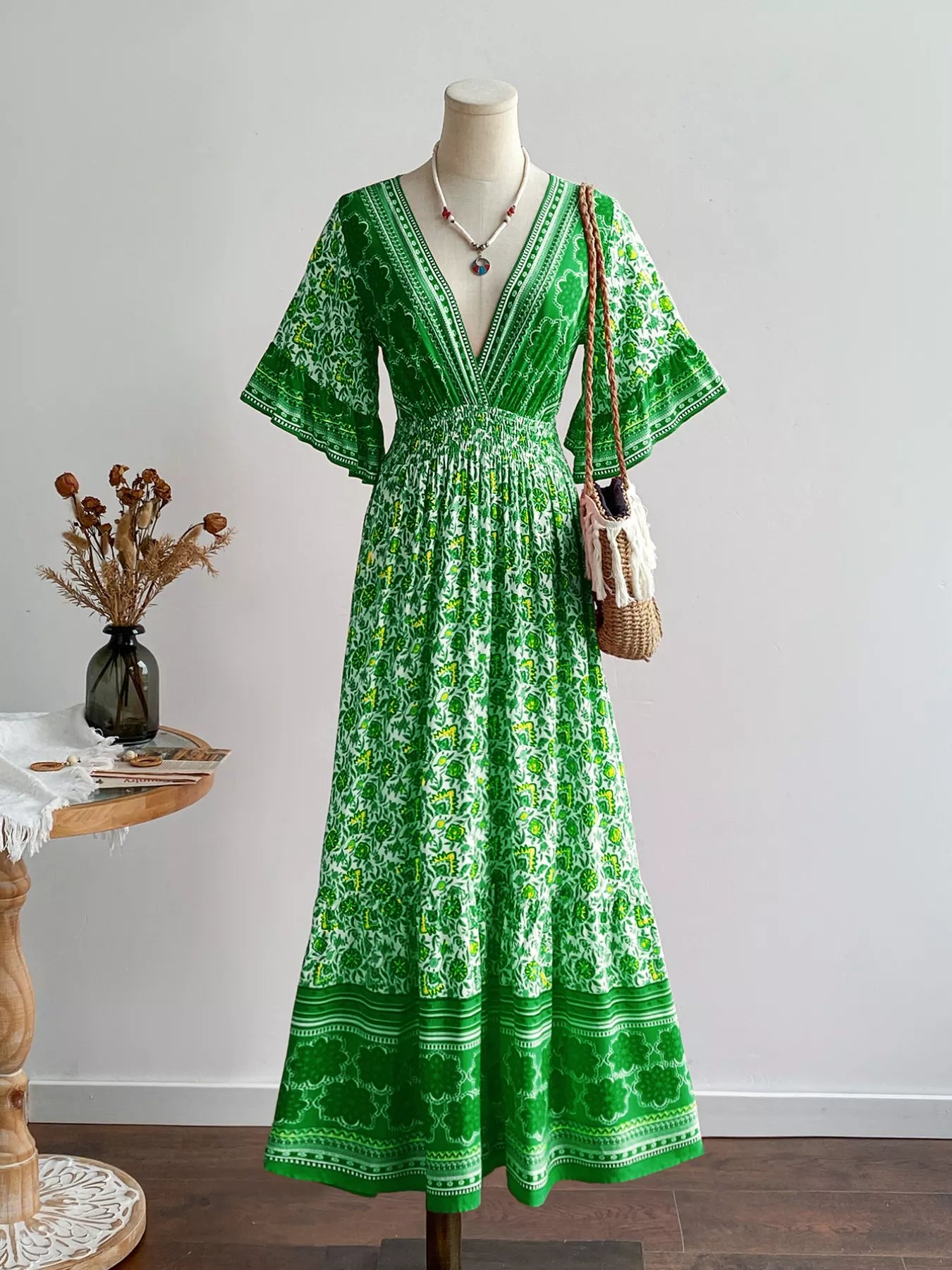 Hazel Blues® |  Floral Deep V-Neck Flutter Sleeves Dress