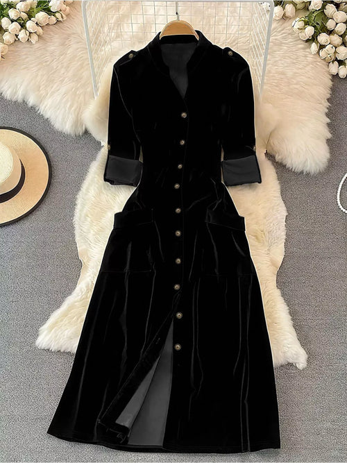Hazel Blues® |  Velvet Button-Down Midi Dress