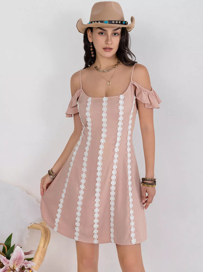 Hazel Blues® |  Floral Lace Trim Cold Shoulder A-Line Dress