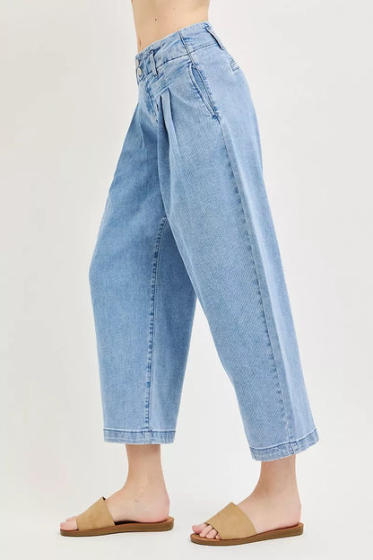 Hazel Blues® |  RISEN Slouchy Crop Barrel Pleated Jeans