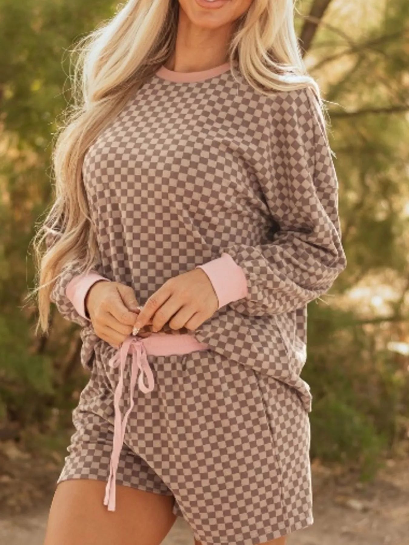Hazel Blues® |  Checkerboard Long Sleeve Pullover and Shorts Set