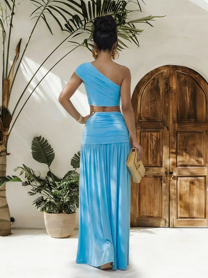 Hazel Blues® |  One-Shoulder Top and Ruched Maxi Skirt Set