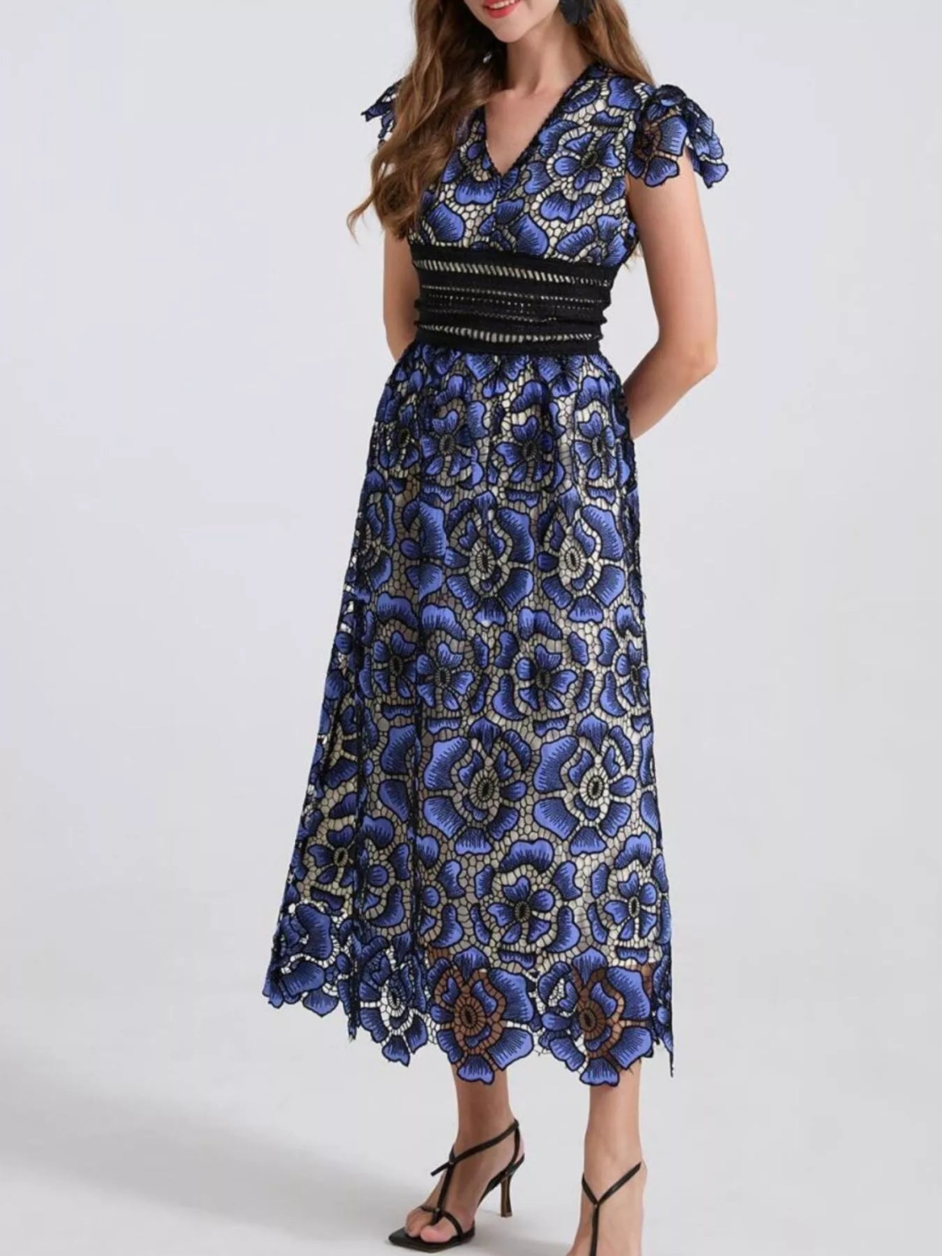 Hazel Blues® |  Printed V-Neck Ruffle Sleeve Midi Dress