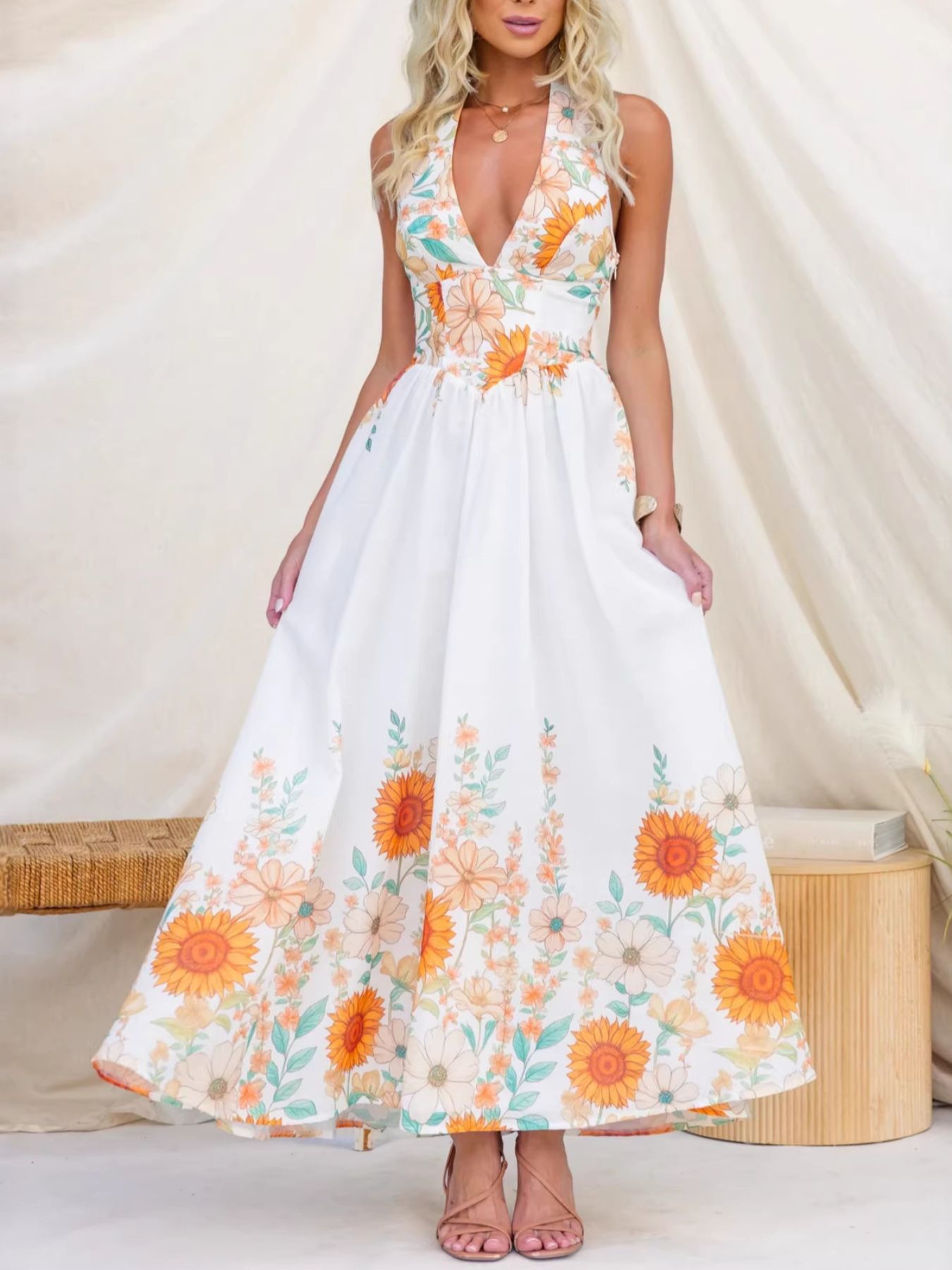 Hazel Blues® |  Floral Print Halter Neck Maxi Dress