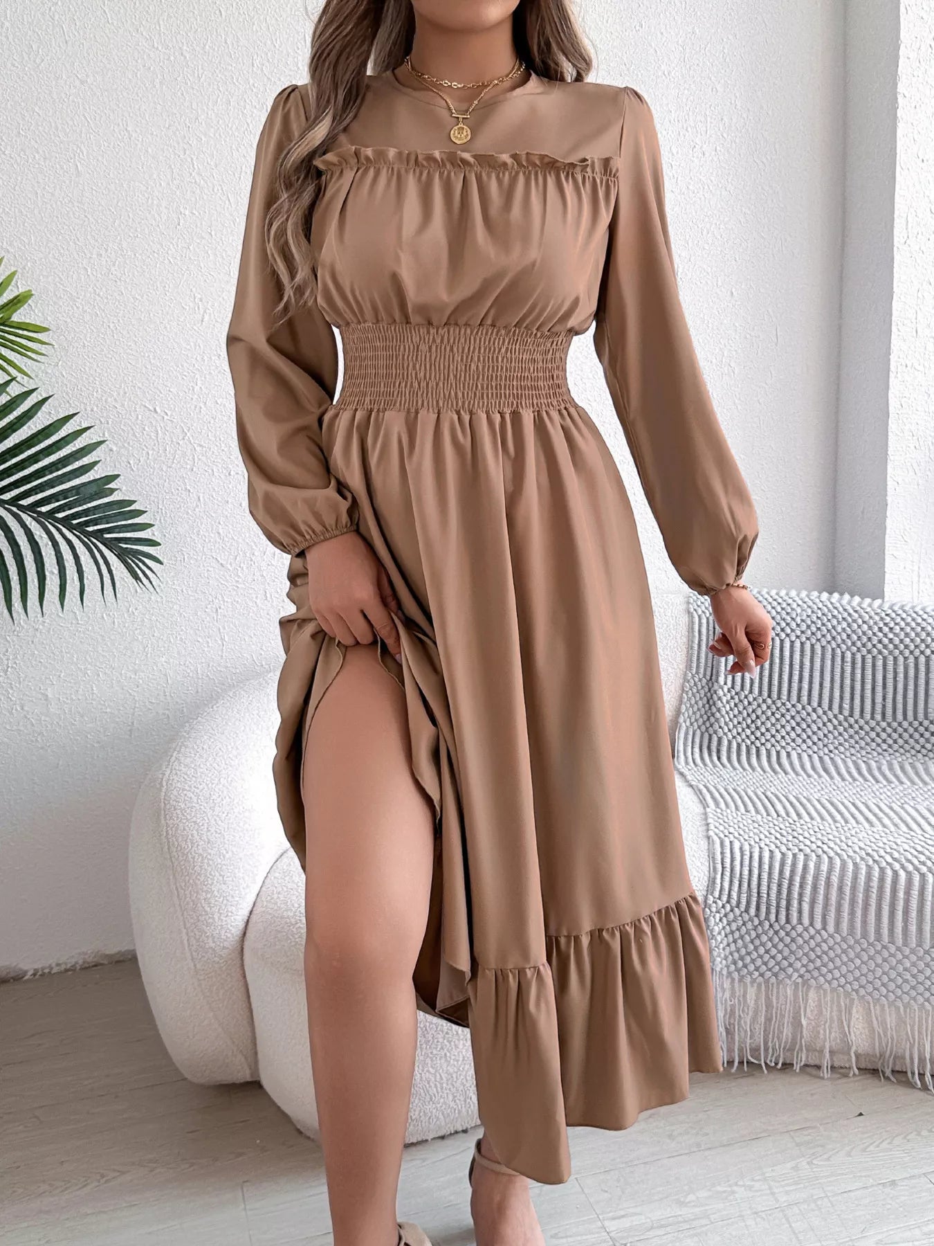 Hazel Blues® |  Round Neck Balloon Sleeve Tiered Dress
