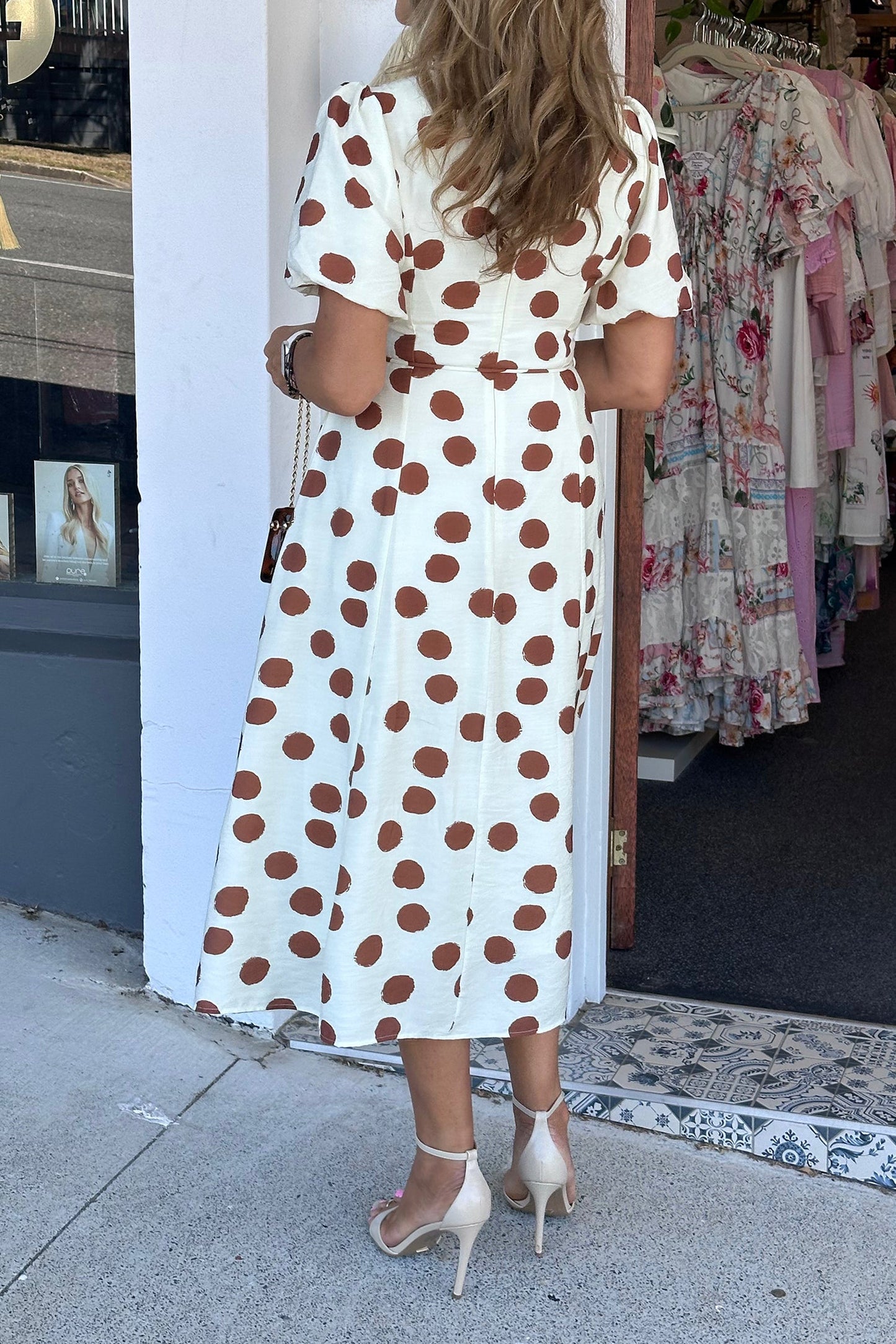 Hazel Blues® |  White Polka Dot Printed V Neck Short Sleeve Tie Waist Midi Dress