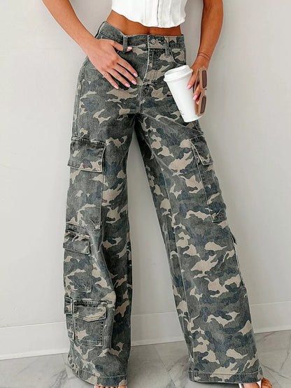 Hazel Blues® |  Camo Print Wide Leg Cargo Jeans
