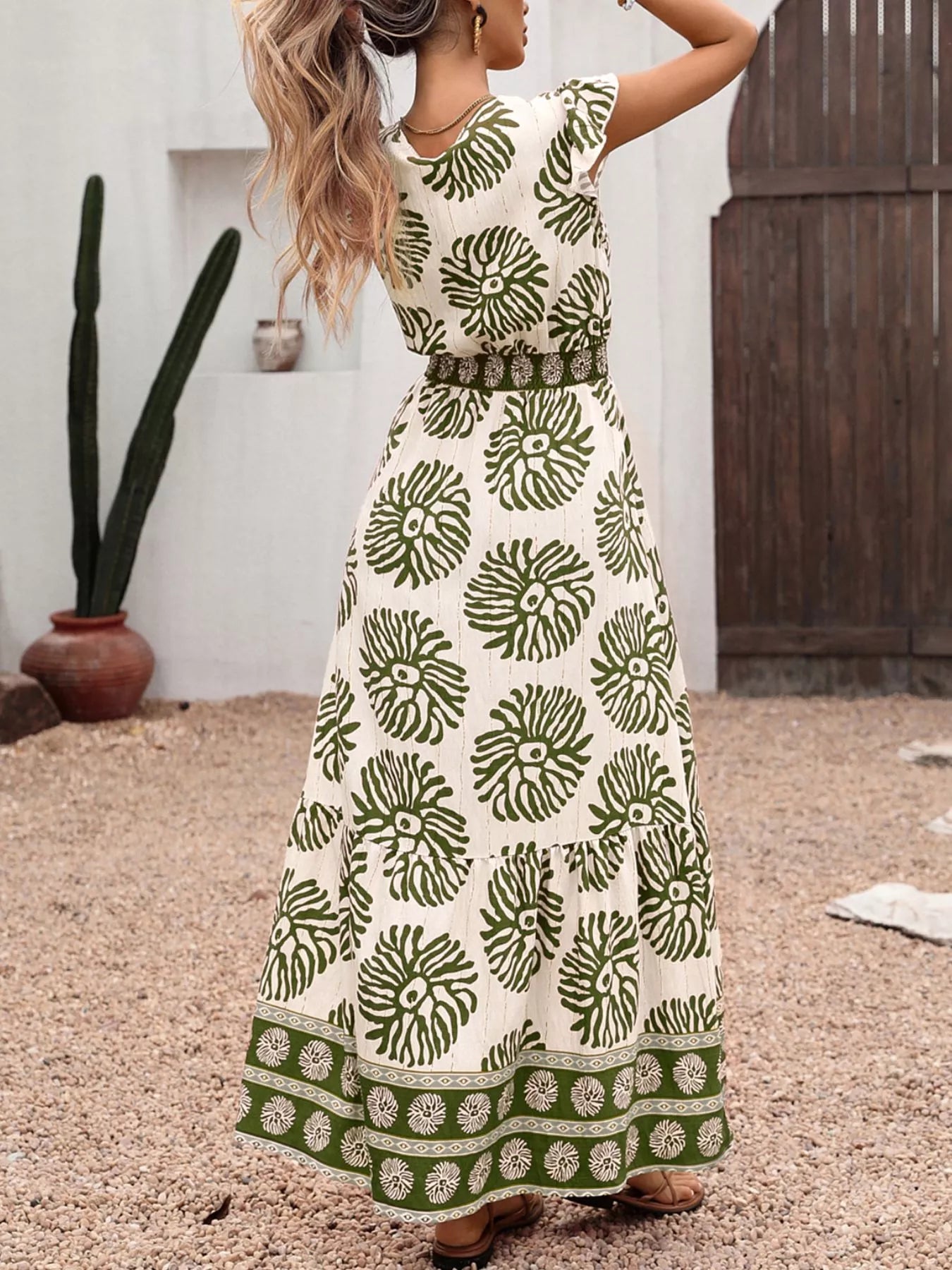 Hazel Blues® |  Printed V-Neck Cap Sleeve Maxi Dress