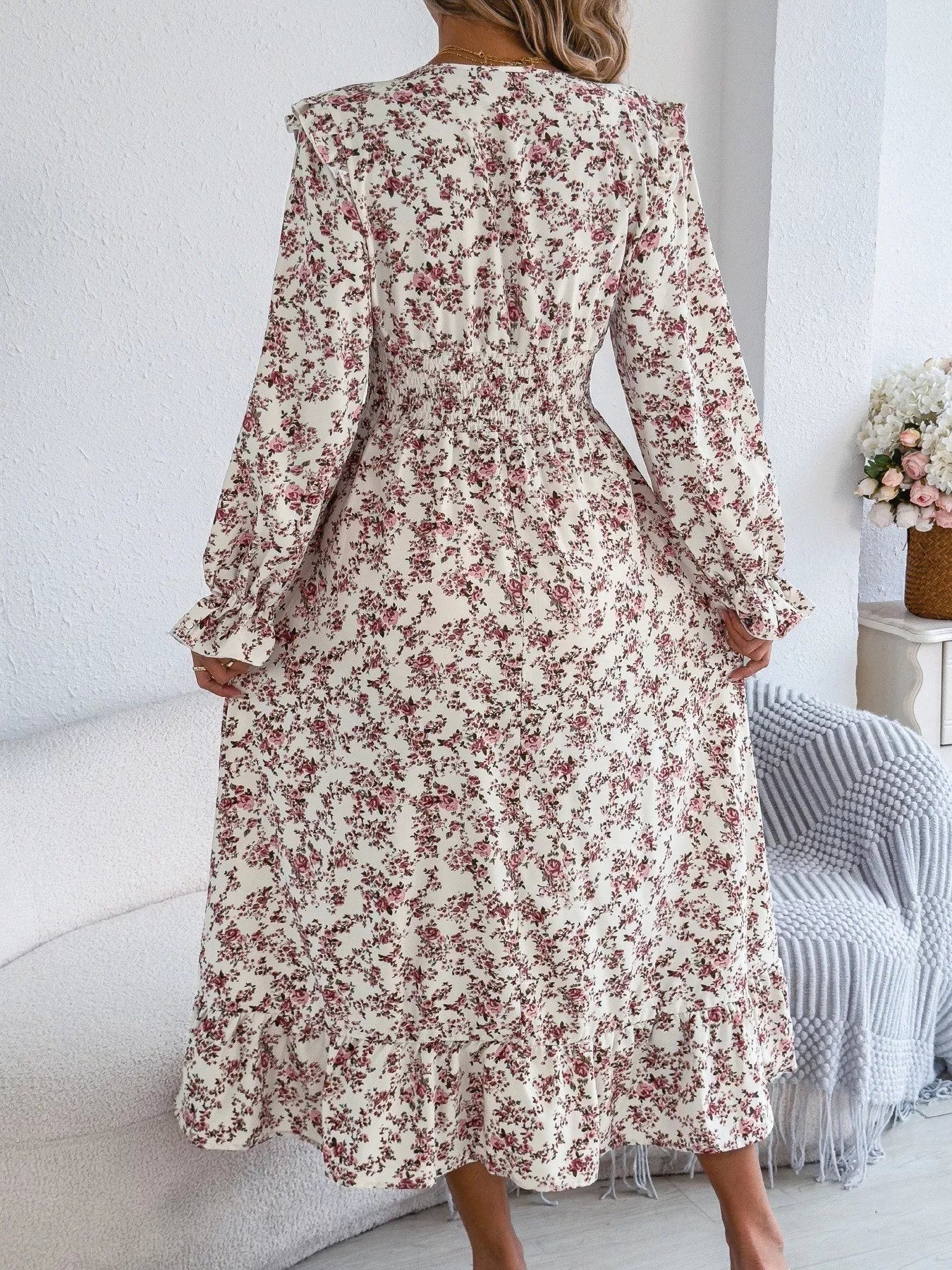 Hazel Blues® |  Ruffled Floral V-Neck Flounce Sleeve Dress