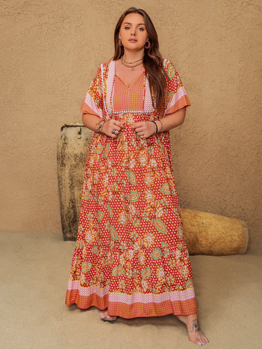 Hazel Blues® | Printed Tie Neck Flutter Sleeve Maxi Dress