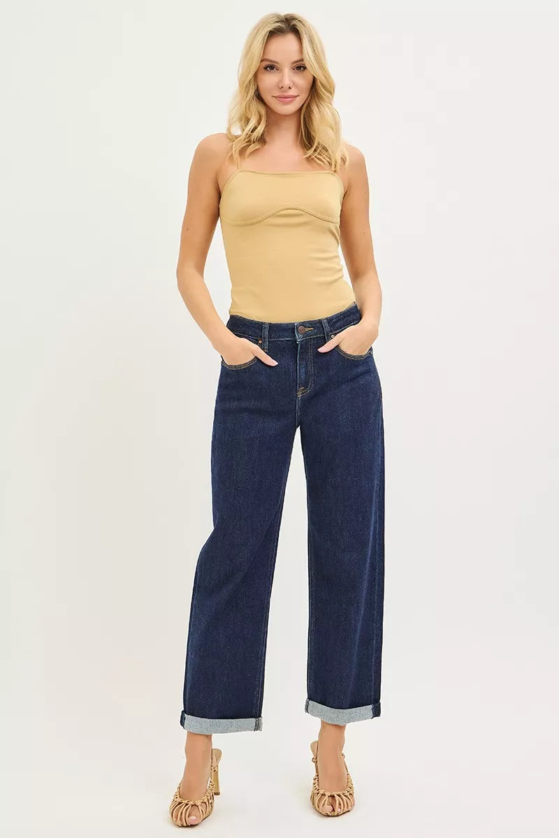 Hazel Blues® |  RISEN Slouchy Cropped  Boyfriend Jeans With Cuffed Hem