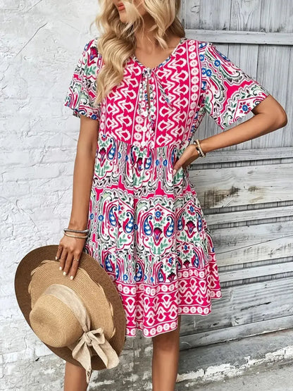 Hazel Blues® |  Printed Tie Neck Short Sleeve Dress