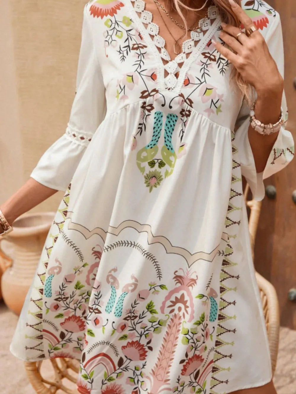 Hazel Blues® |  Lace Detail Printed Three-Quarter Sleeve Dress